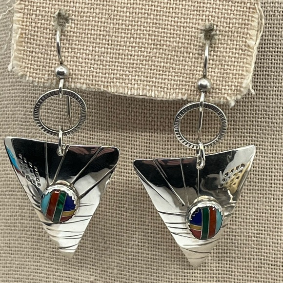 90's Handmade Sterling Silver Sail-Inspired Earrings with Multicolored Inlay - Picture 9 of 17